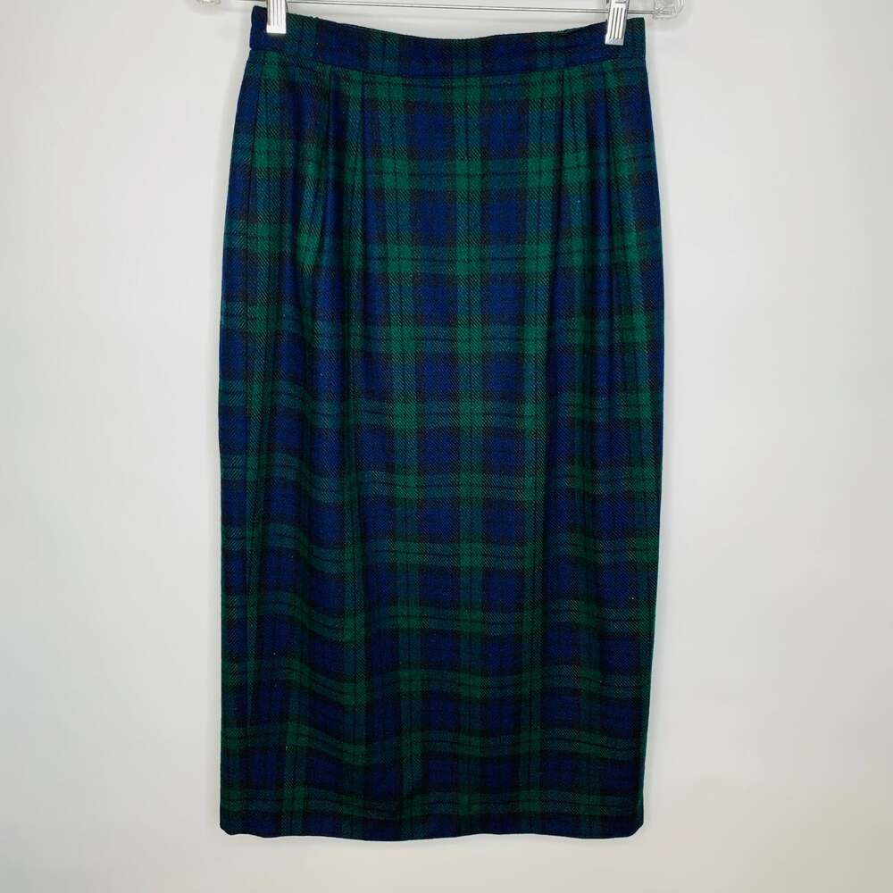 Vintage Blue Green Plaid Wool Midi Skirt Sz 8